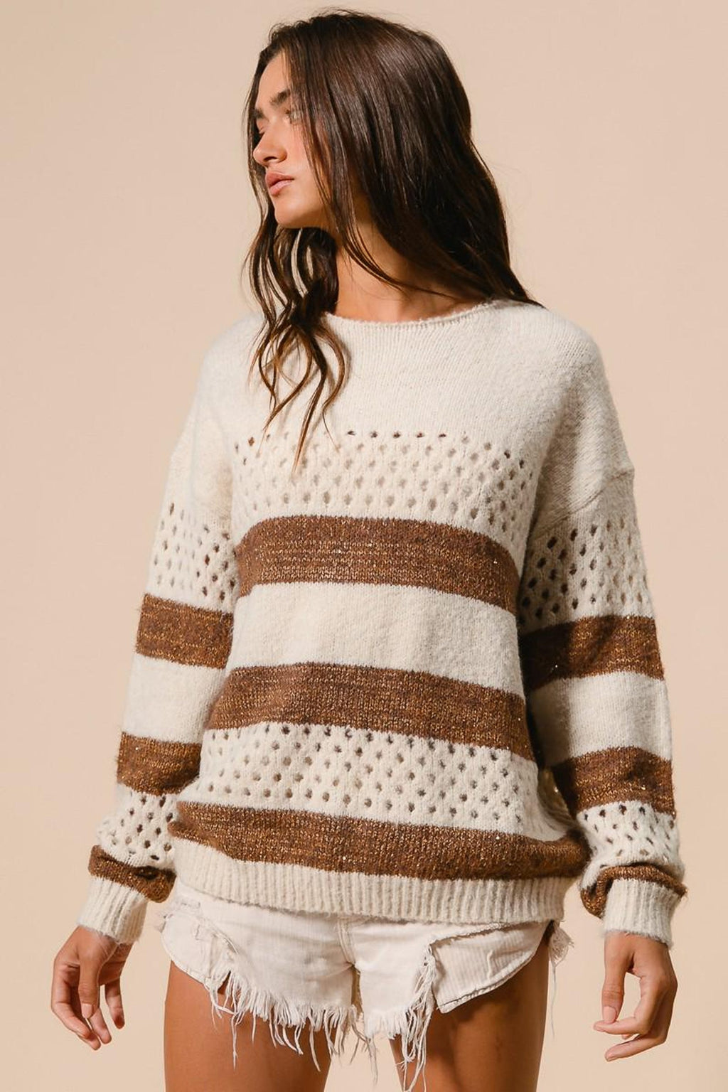 Gestreifter Strickpullover in Creme und Braun – Ansicht 2