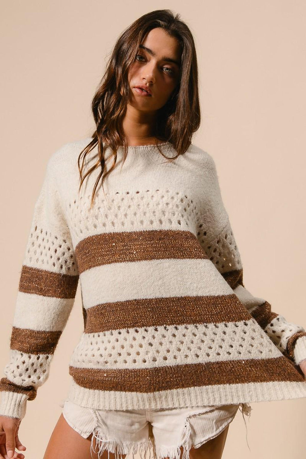 Gestreifter Strickpullover in Creme und Braun – Ansicht 5