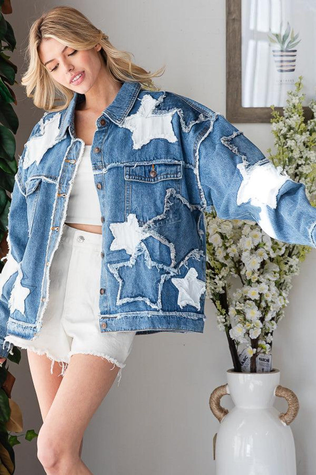 Oversize-Jeansjacke mit Stern-Patchwork – Ansicht 3
