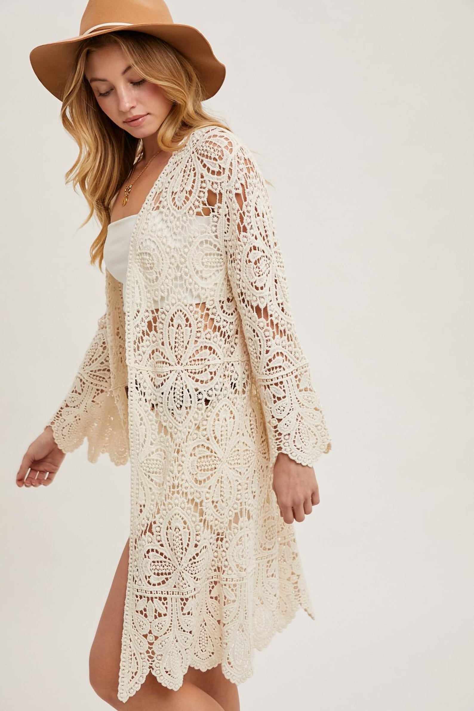 Langer Häkel-Cardigan in Creme – Ansicht 4