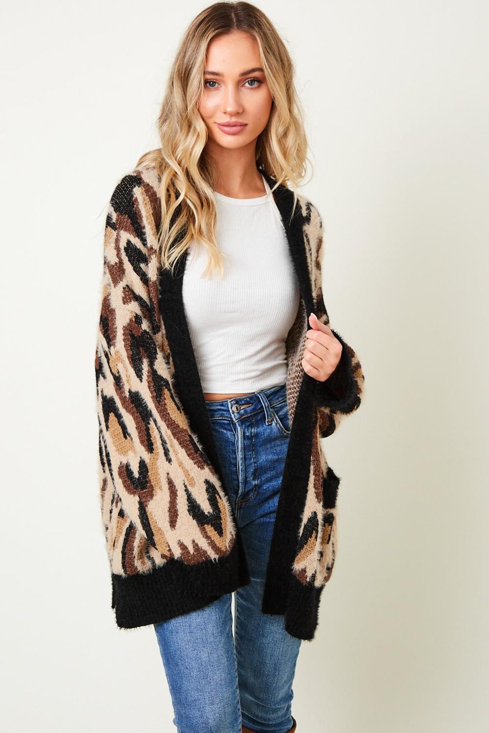 Leoparden-Cardigan mit Taschen – Ansicht 3