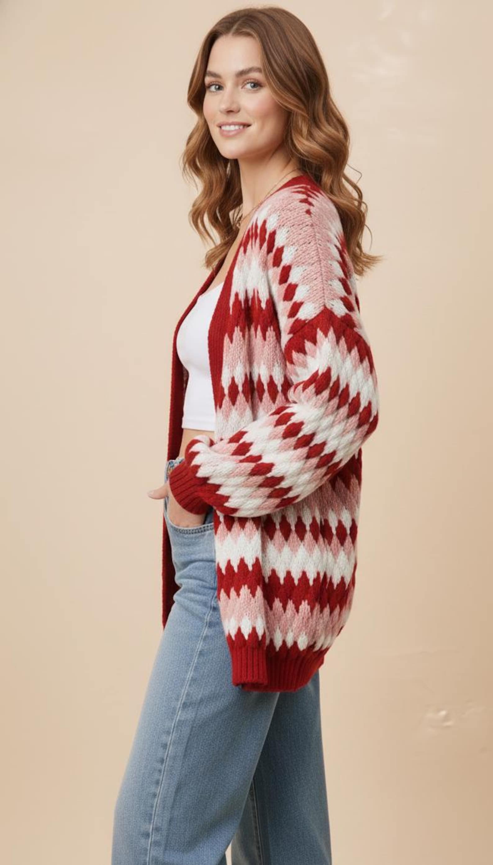 Oversize-Cardigan mit Rautenmuster – Ansicht 4