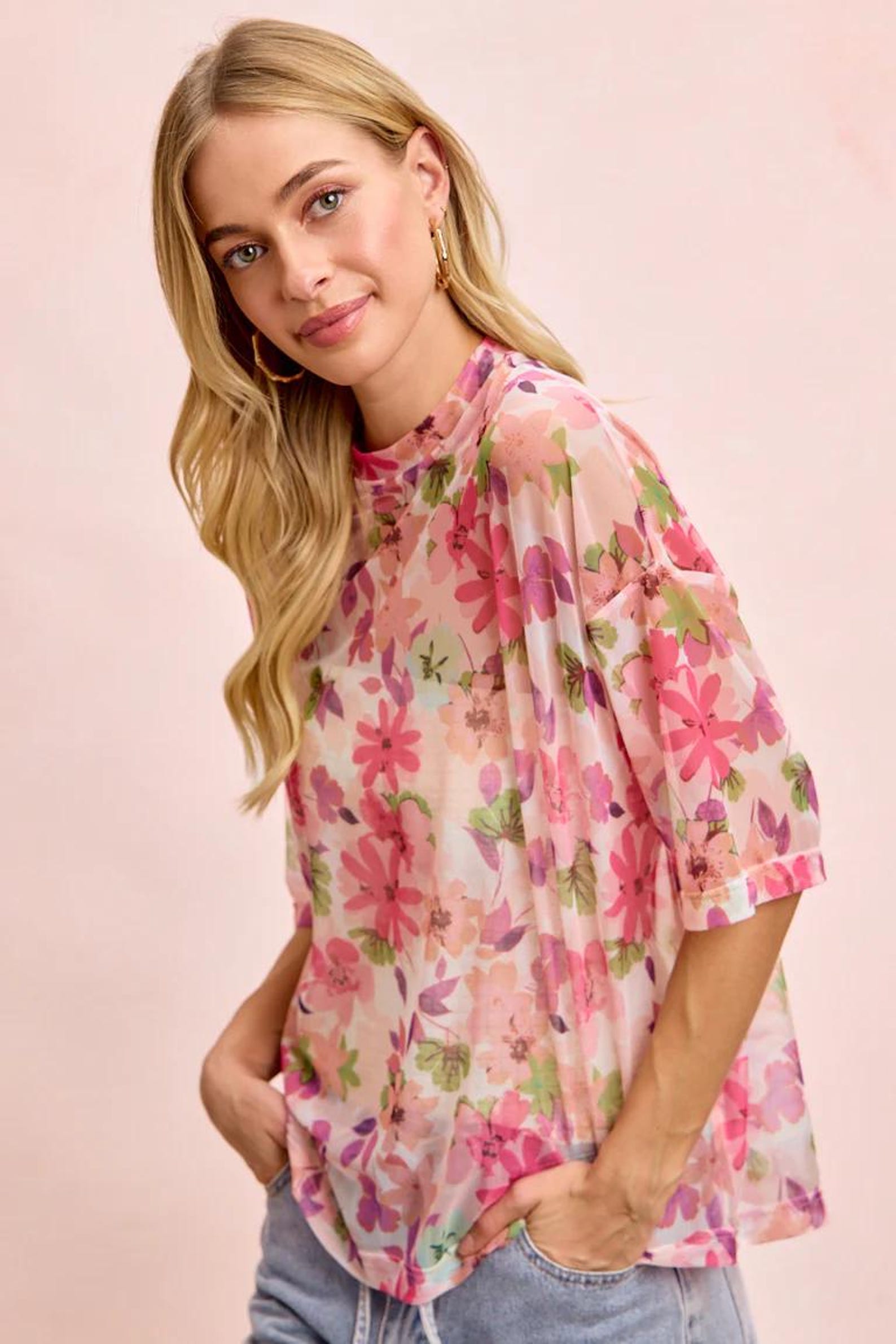 Mesh-Shirt mit rosa Blüten – Ansicht 4
