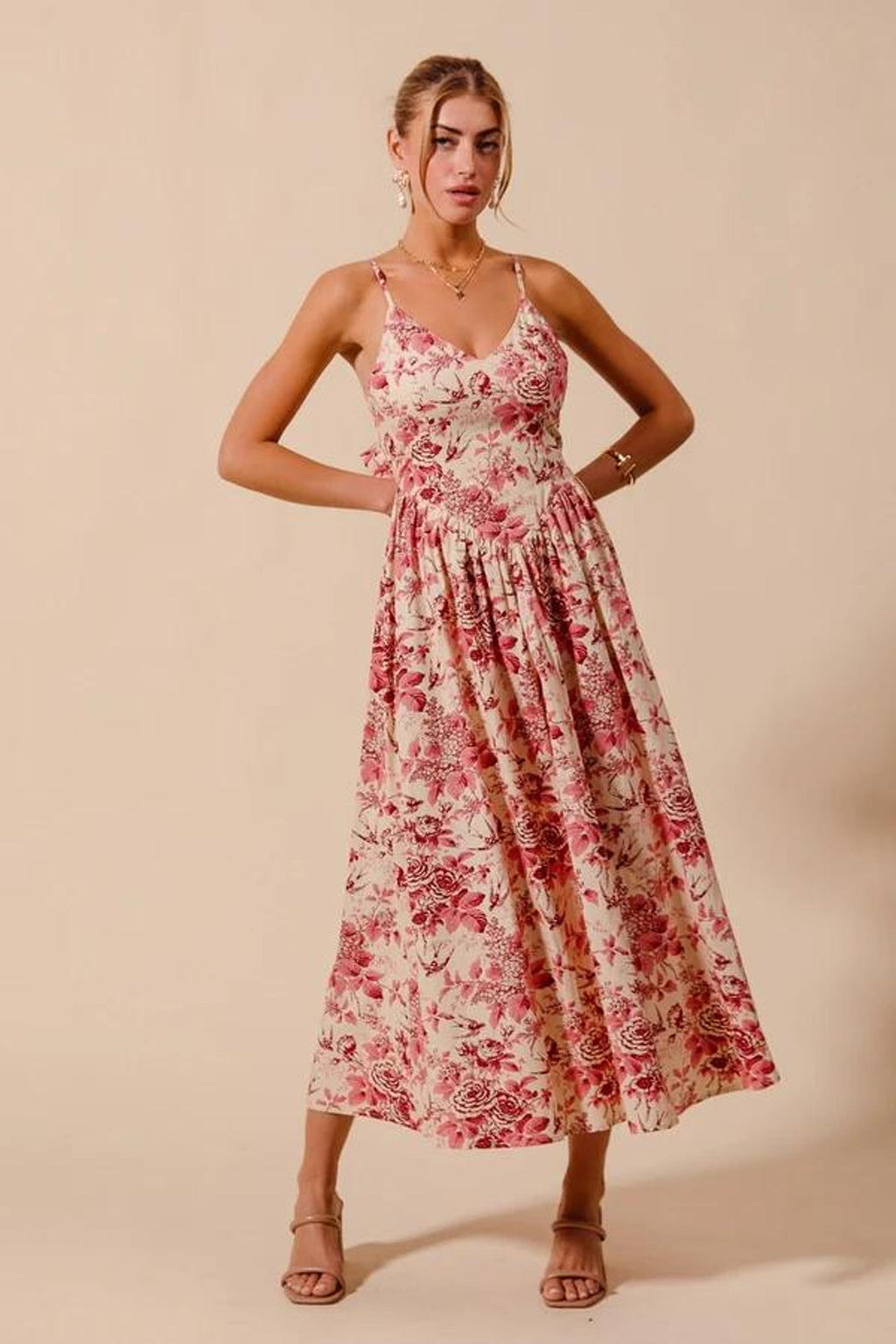 Rotes Maxikleid mit Toile-de-Jouy-Print – Ansicht 3