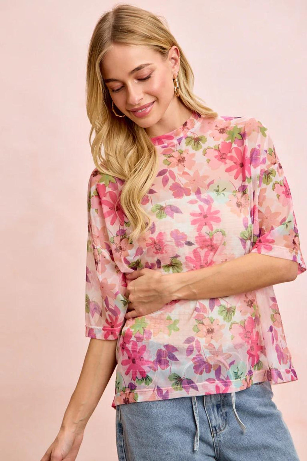 Mesh-Shirt mit rosa Blüten – Ansicht 5
