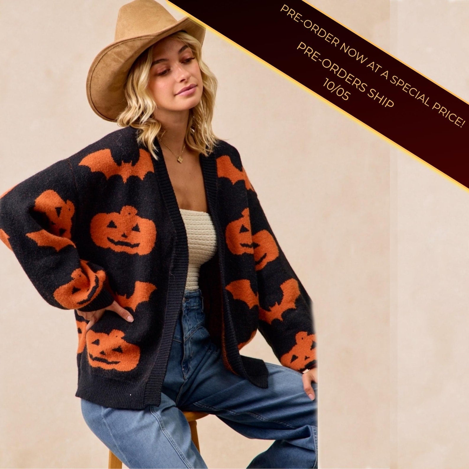 Halloween-Cardigan mit Kürbis- und Fledermausmotiv