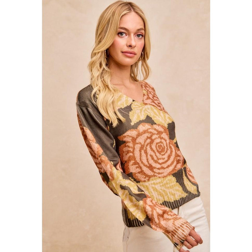 Olivgrüner Strickpullover mit Blütenprint – Ansicht 3